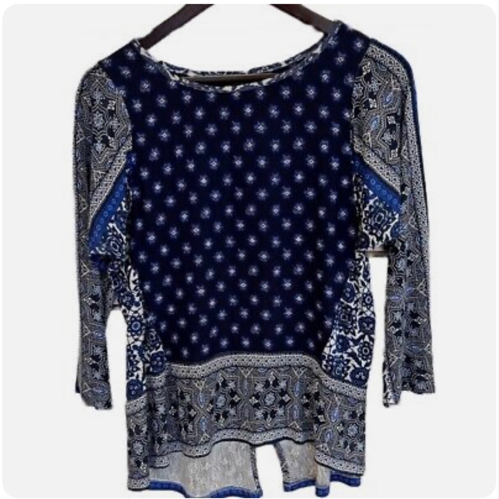 Lucky Brand | Blue White 3/4 Sleeve Paisley Blouse Women's M Boho